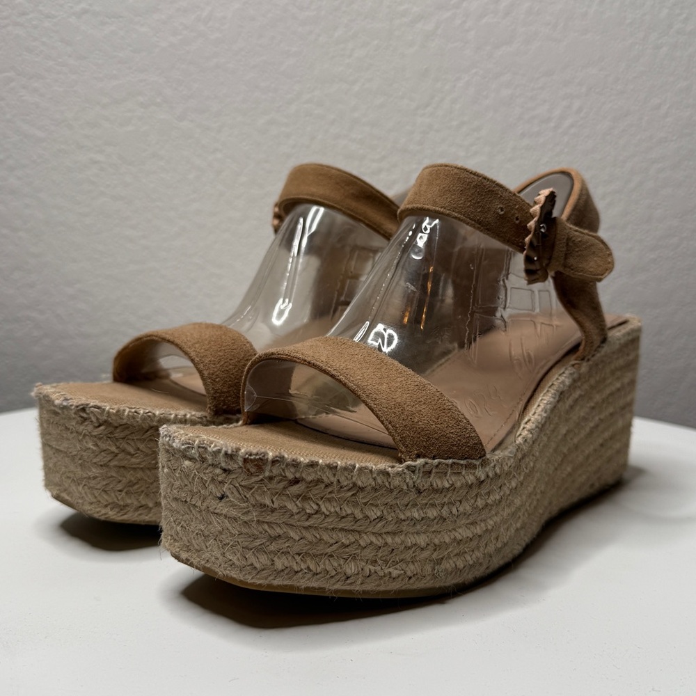 Boden Tan Suede Espadrille Sandals Platform Wedge Buckle Strap Size 7